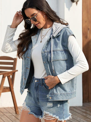 Drawstring Button Up Sleeveless Denim Jacket Trendsi