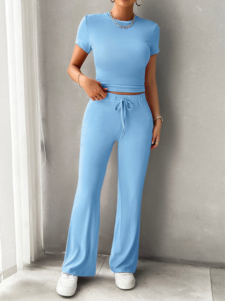 Devine Round Neck Short Sleeve Top and Pants Set Trendsi