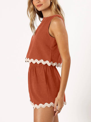 Contrast Trim Round Neck Top and Shorts Set Trendsi