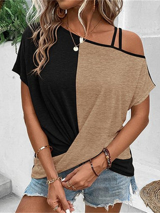 Contrast Asymmetrical Neck Short Sleeve T-Shirt Divacious