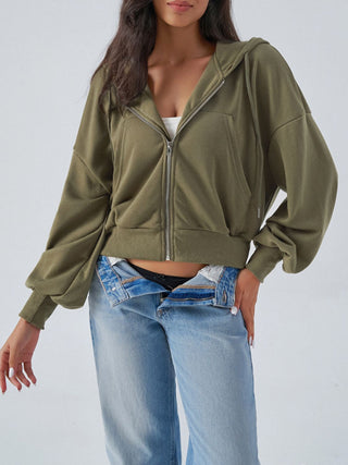 Drawstring Zip Up Long Sleeve Hoodie - Divacious