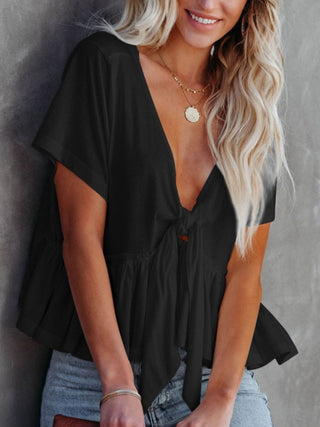 Tied Plunge Short Sleeve Blouse Divacious