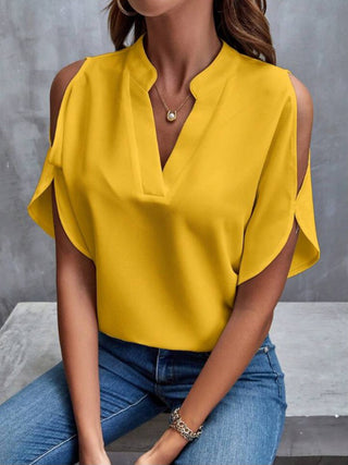 Notched Cold Shoulder Half Sleeve Blouse Divacious