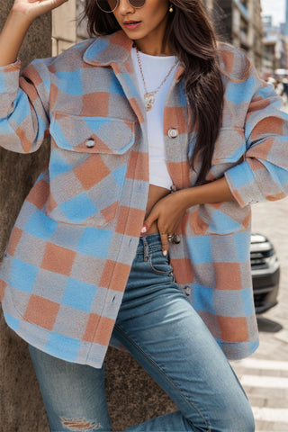 Plaid Button Up Dropped Shoulder Jacket Divacious