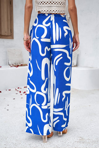 Smocked Printed Wide Leg Pants with Pockets Divacious