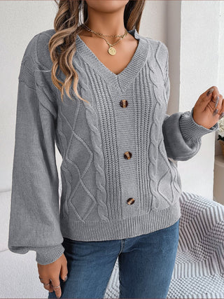 Cable-Knit Buttoned V-Neck Sweater Divacious