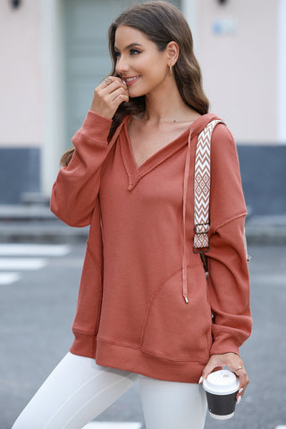 Exposed Seam V-Neck Drawstring Hoodie Divacious