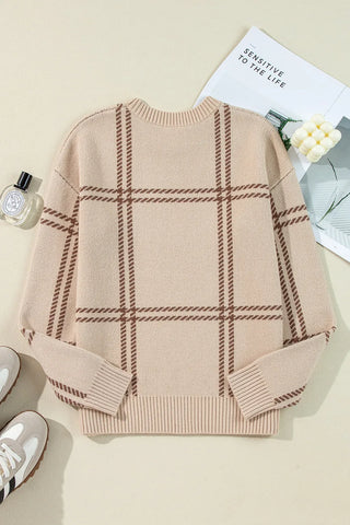 Plaid Round Neck Dropped Shoulder Sweater - Divacious