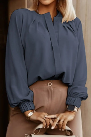 Button Up Round Neck Long Sleeve Shirt Divacious