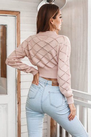 Openwork Plaid Round Neck Cropped Sweater Divacious