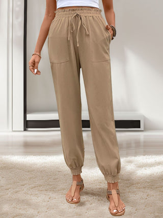 Tied Elastic Waist Pants with Pockets Divacious