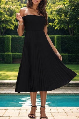 Perfee Pleated Off-Shoulder Midi Dress Trendsi