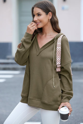 Exposed Seam V-Neck Drawstring Hoodie Divacious