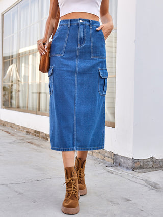 Slit Midi Denim Skirt with Pockets Divacious