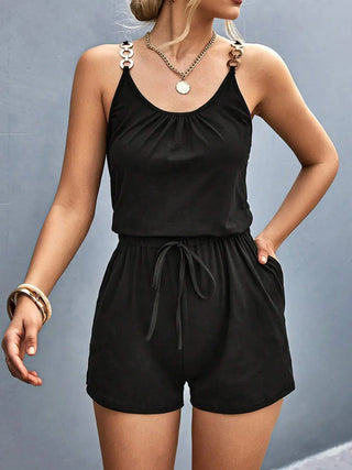 Pocketed Buckle Trim Scoop Neck Romper Divacious