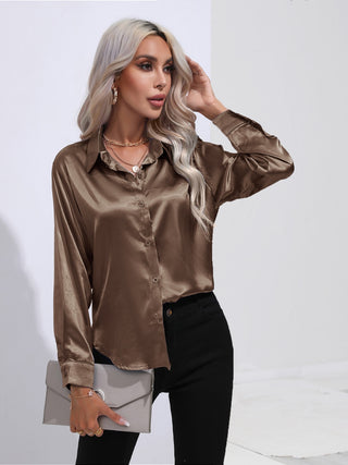 Collared Neck Buttoned Long Sleeve Shirt Divacious