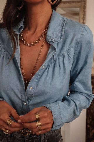 Button Up Long Sleeve Denim Top - Divacious