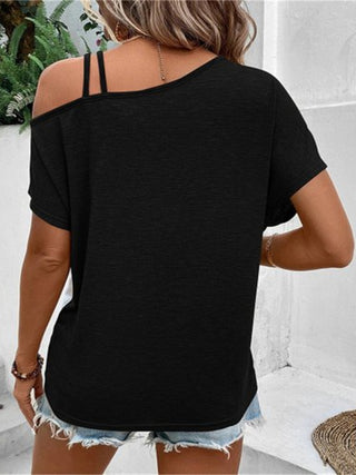 Contrast Asymmetrical Neck Short Sleeve T-Shirt Divacious