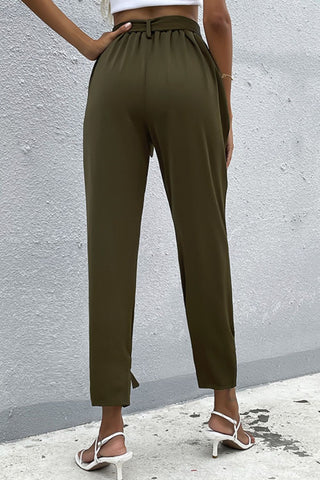 Tie Detail Belted Pants with Pockets Divacious