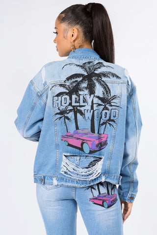 Graphic Distressed Long Sleeve Denim Jacket Divacious