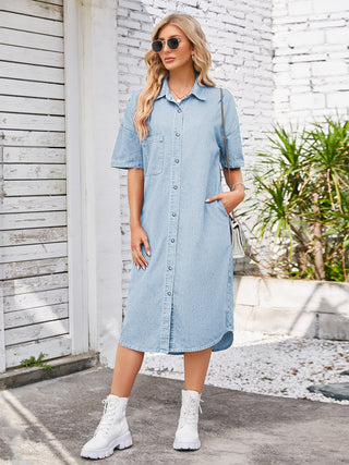 Button Up Dropped Shoulder Denim Dress Divacious