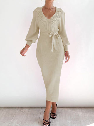 Tied Long Sleeve Wrap Sweater Dress Divacious