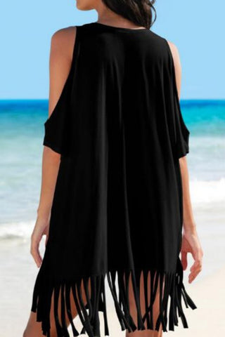 Fringe V-Neck Cold Shoulder Cover Up Divacious