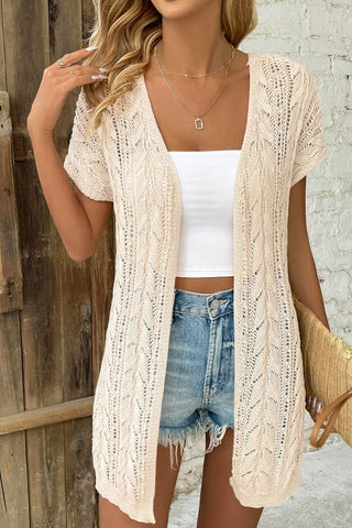 Openwork Open Front Short Sleeve Cardigan Divacious