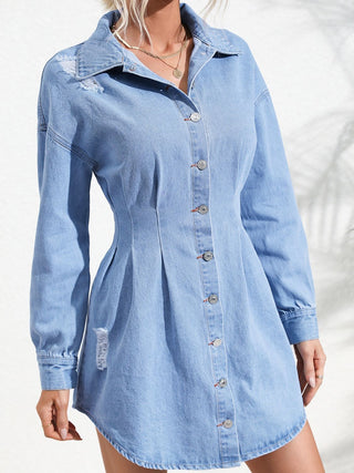 Distressed Button Up Long Sleeve Denim Dress Divacious