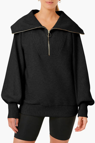 Pocketed Quarter Zip Collared Neck Sweatshirt Divacious