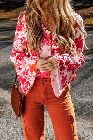 Floral Flare Sleeve Button Up V-Neck Bodysuit Divacious