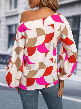 Printed One Shoulder Balloon Sleeve Blouse Divacious