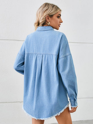 Distressed Raw Hem Dropped Shoulder Denim Jacket Divacious