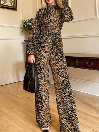 Leopard Flounce Sleeve Wide Leg Jumpsuit - Divacious