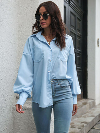 Button Up Dropped Shoulder Lantern Sleeve Shirt Divacious