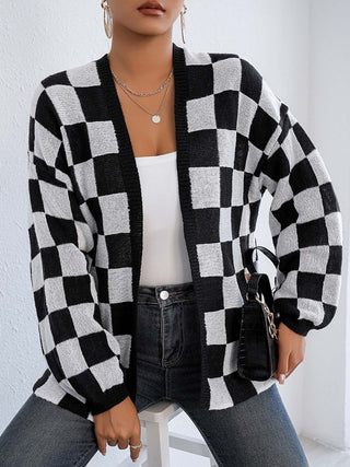 Checkered Open Front Long Sleeve Cardigan - Divacious