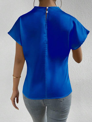 Ruched Mock Neck Short Sleeve Blouse Divacious