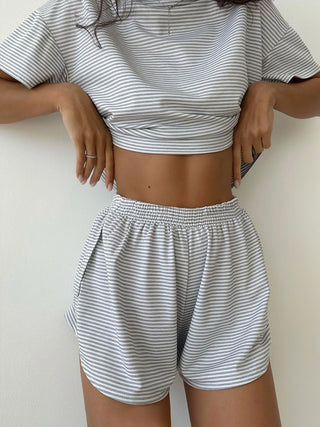 Striped Round Neck Top and Shorts Set Trendsi