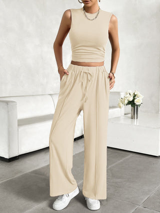 Devine Mock Neck Sleeveless Top and Drawstring Pants Set Trendsi