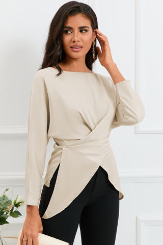 Boat Neck Back Tie Long Sleeve Satin Blouse Divacious