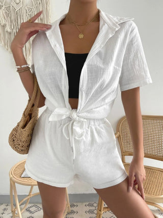 Button Up Short Sleeve Shirt and Drawstring Shorts Set Trendsi