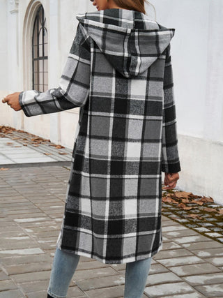 Plaid Long Sleeve Hooded Coat Divacious