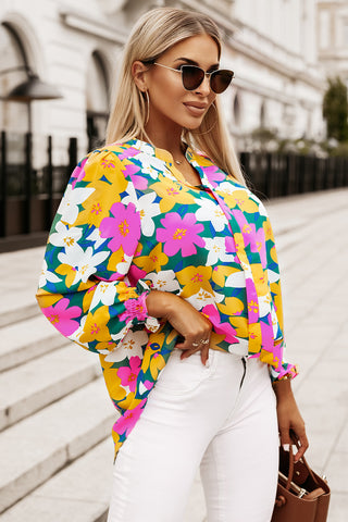 Floral Print Notched Neck Lantern Sleeve Blouse Divacious