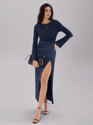 Split Round Neck Long Sleeve Midi Dress - Divacious