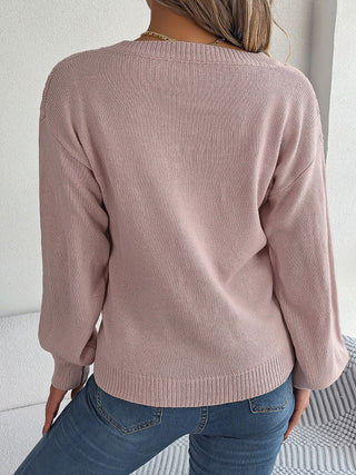 Cable-Knit V-Neck Lantern Sleeve Sweater Divacious