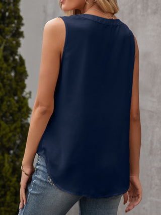 Solid Notched Sleeveless Blouse Divacious