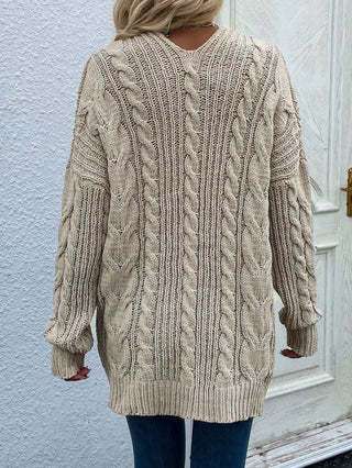 Woven Right Cable-Knit Open Front Cardigan with Front Pockets Divacious