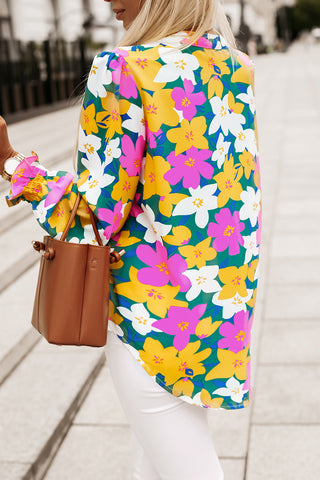 Floral Print Notched Neck Lantern Sleeve Blouse Divacious