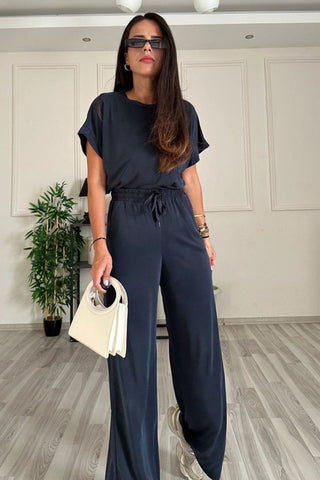 Round Neck Short Sleeve Top and Drawstring Pants Set Trendsi