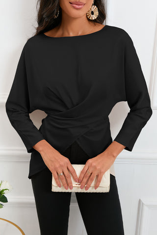 Boat Neck Back Tie Long Sleeve Satin Blouse Divacious